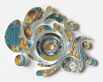 Quilled 3D Paper Art Handmade Wall Decor in Shadowbox – Light Blue, Pastel Yellow & Brown | Unique Gift for Her, Wall Hanging