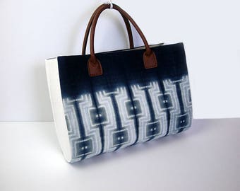 Blue tote bag, leather handle handbag, natural indigo shibori hand dyed & leather strap tote bag, top handle bag