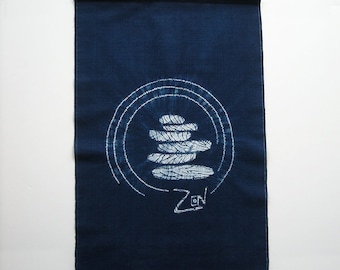 Zen motif wall hanging, Peace of mind Japanese Zen tapestry, Zen decor, Japanese Noren, indigo shibori hand-dye, hand dyed wall hanging