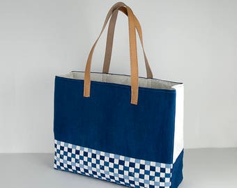 Blue tote bag, Shoulder bag, Handbag, Handmade bag, Handwoven tote bag, Natural indigo shibori bag, Leather handles