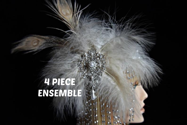 GATSBY HEADPIECE 4Piece SILVER beige white burlesque Flapper 1920s Roaring 20s style Peacock Feather Fascinator Wedding dress accessories