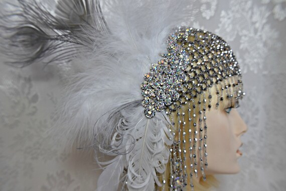 GATSBY HEADPIECE 4Piece SILVER beige white burlesque Flapper 1920s Roaring 20s style Peacock Feather Fascinator Wedding dress accessories
