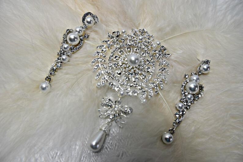 GATSBY HEADPIECE 4Piece SILVER beige white burlesque Flapper 1920s Roaring 20s style Peacock Feather Fascinator Wedding dress accessories