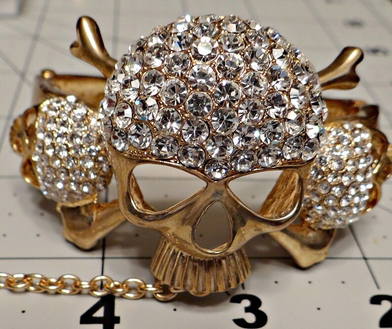 SKULL BRACELET Skull slave bracelet GOLD and Crystal Designer John Hardy Style Retro Punk Goth Vintage Skull Slave bracelet Statement