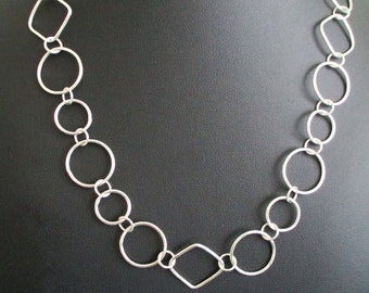 Diamonds and Circles Chain Necklace Eco-friendly Argentium Sterling Silver 1/2 - 3/4 Inch Links Adjustable from 20 to 22 Inch Easy Open Hook