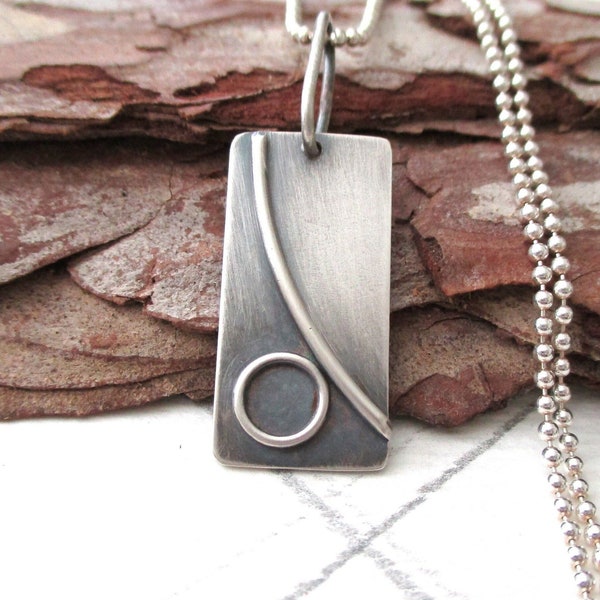 Modern Art Deco Pendant Necklace Argentium Sterling Silver 1 Inch Gray Oxidized Patina on Sterling Silver Chain or Double Black Fabric Cord