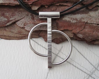 Unique Art Deco Eco-friendly Argentium Silver Pendant Necklace 1.5 by 1 Inch Hammered Center on Cord with Magnetic Clasp or Silver Chain