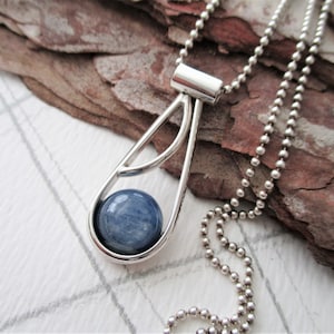 Ecofriendly Art Deco Argentium Sterling Silver Pendant Smokey Blue Kyanite Gemstone 1-1/4 Inch on Sterling Silver Bead Chain or Black Cord