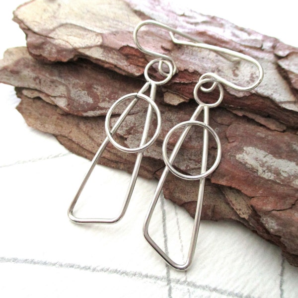 Asymmetrical Triangle and Circle Dangle Earrings 1.5 Inch X .5 Inch Argentium Sterling Silver on  Argentium Sterling Silver Ear Wires