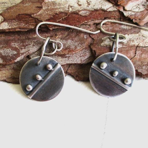 Industrial Design Drop Earrings 3/4 Inch Oxidized Gray Patina Eco-friendly Argentium Sterling Silver on Handmade Argentium Ear Wires