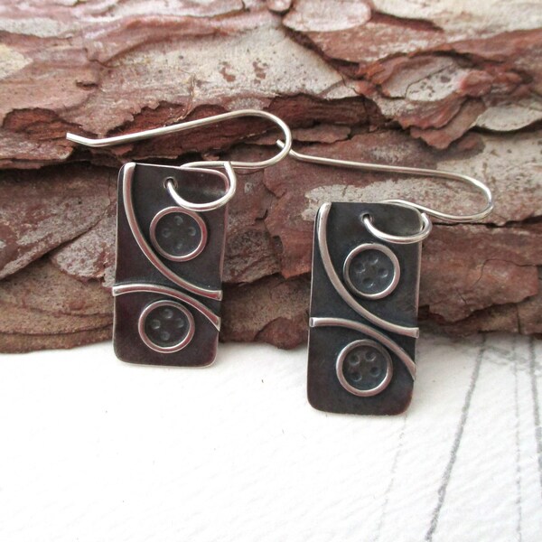 Rectangular 1 Inch Drop Dangle Earrings Industrial Style Eco-friendly Argentium Sterling Silver Oxidized Gray Patina on Argentium Ear Wires