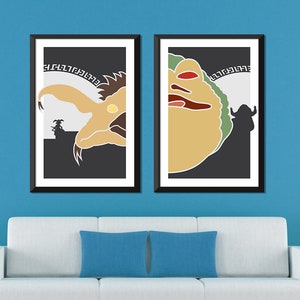 May include: Two framed minimalist posters with black backgrounds and white text. The poster on the left features a yellow creature with a large head and a small body. The poster on the right features a large yellow creature with a red mouth and green accents.