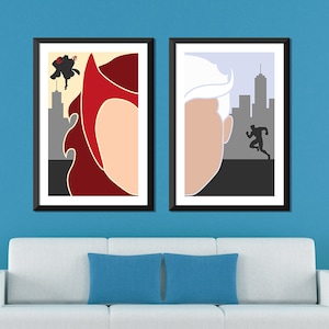 May include: Two framed minimalist posters with a city skyline backdrop. The left poster features a red and white silhouette of a woman with a red cape. The right poster features a white silhouette of a man with a white cape running.