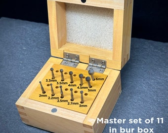 Stone-setting burs MASTER SET, 11 burs for cutting seats in tubing and tube settings with bur box, 2-6mm, Swiss/German-made