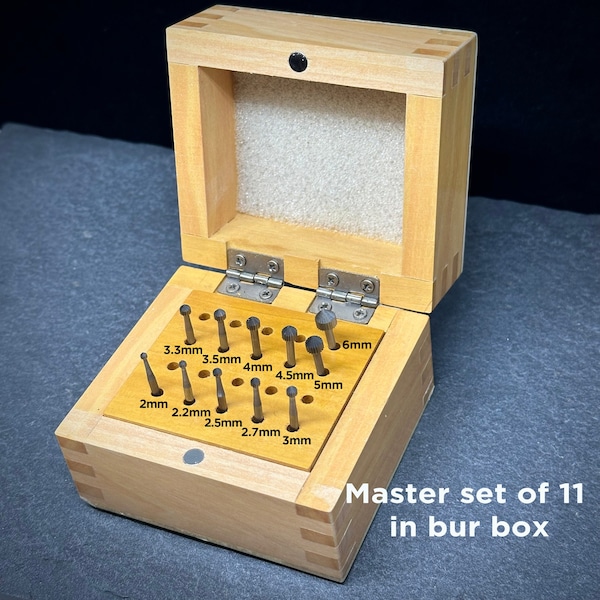 Stone-setting burs MASTER SET, 11 burs for cutting seats in tubing and tube settings with bur box, 2-6mm, Swiss/German-made