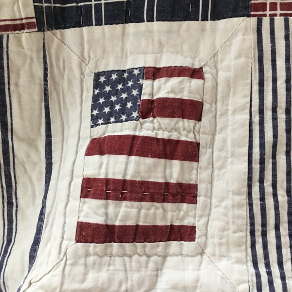 Vintage Americana Red White and Blue Flag Motif Hand Made and Stitched small quilt farmhouse chic Folk art chic Fourth of July chic