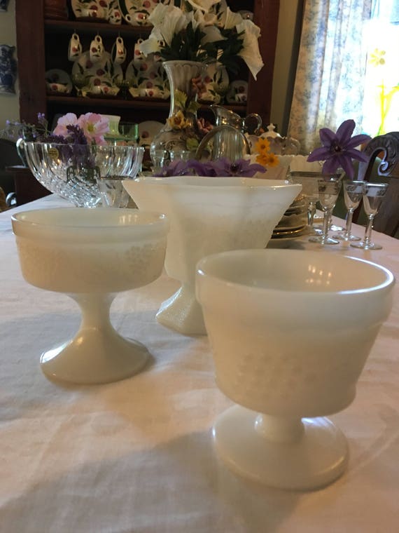 Vintage Milkglass Pedestal Vases Set Of Three Milkglass Etsy