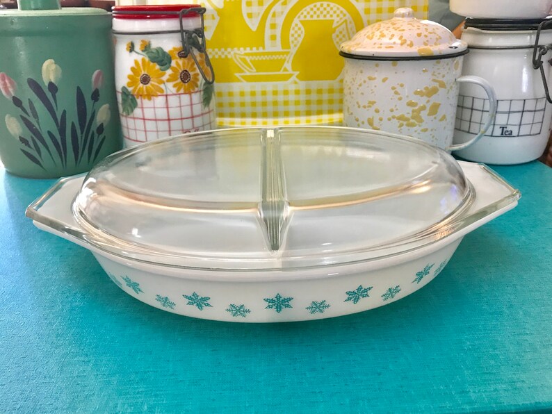 Vintage Pyrex Snowflake Divided Casserole Dish with Lid White Etsy