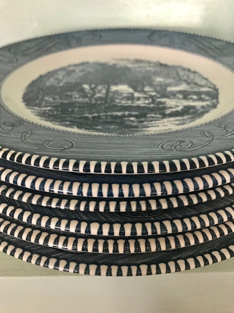 Vintage Currier and Ives Royal China Old Grist Mill Dinner Plates Set of Six Blue and White Transferware
