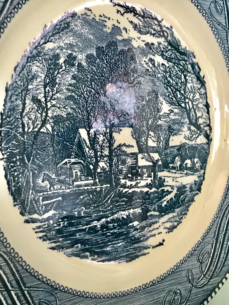 Vintage Currier and Ives Royal China Old Grist Mill Dinner Plates Set of Six Blue and White Transferware