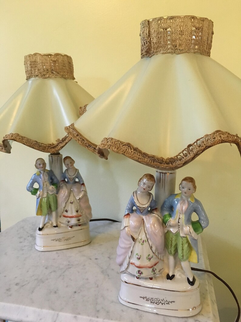 Vintage Porcelain Figurine Lamps Set of Two Edwardian Style Etsy