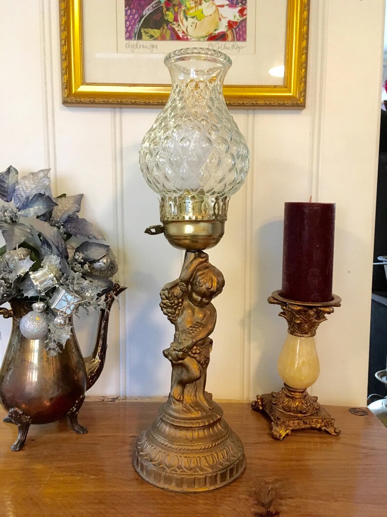 Vintage Accurate Cast Putti Cherub Table Lamp With Clear Image 0