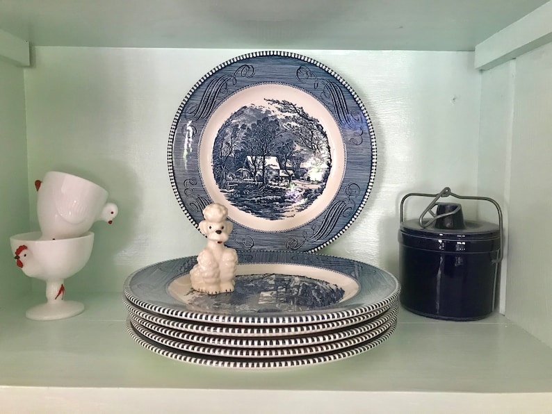 Vintage Currier and Ives Royal China Old Grist Mill Dinner Plates Set of Six Blue and White Transferware