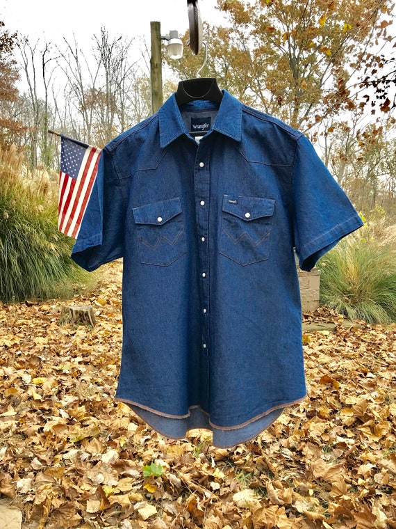 mens wrangler short sleeve denim shirt