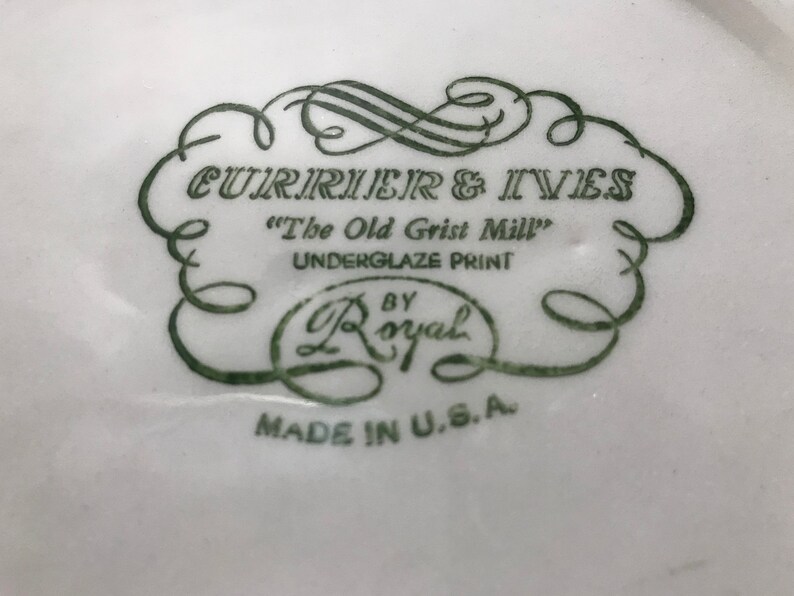 Vintage Currier and Ives Royal China Old Grist Mill Dinner Plates Set of Six Blue and White Transferware