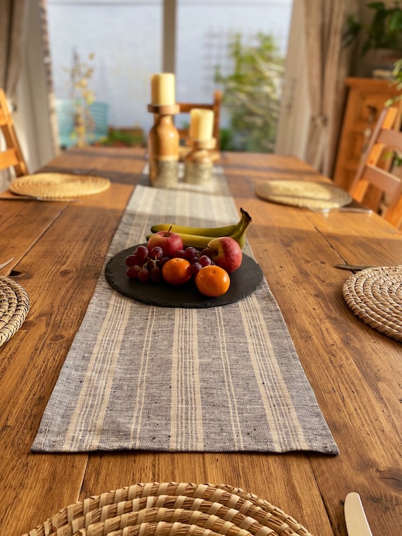 dresser runners linen Black & Natural Multi-Stripe 100% Linen Table Runner