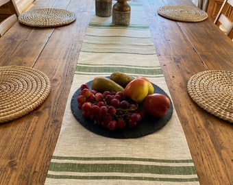 Green French Stripe 100% Linen Table Runner