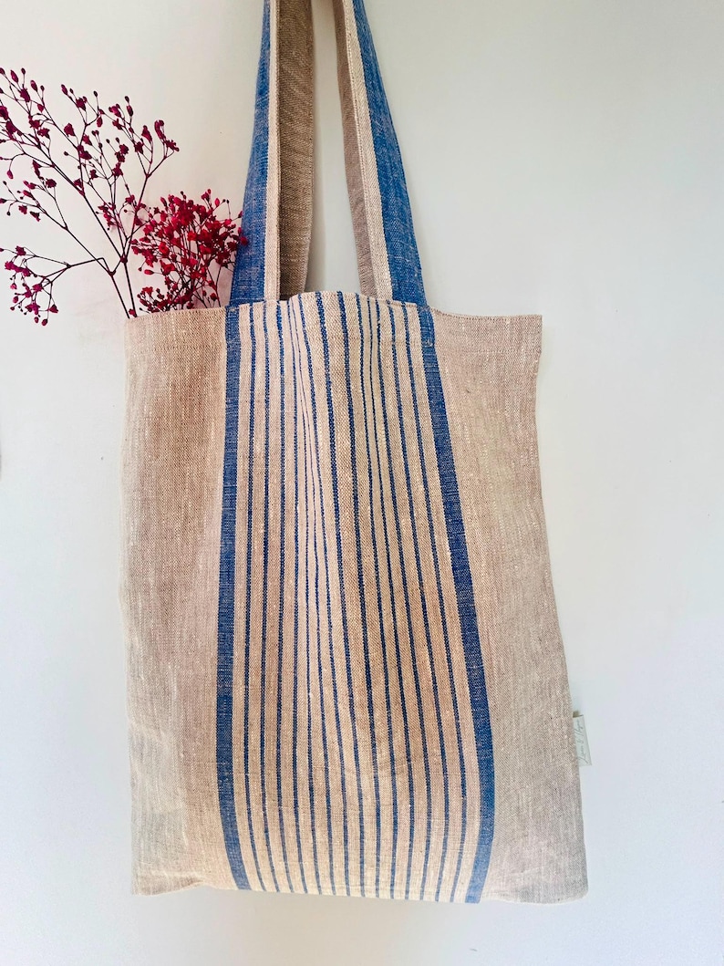 Geschirrtuchtasche aus 100 % Leinen mit blauem französischem Streifenmuster Bild 1