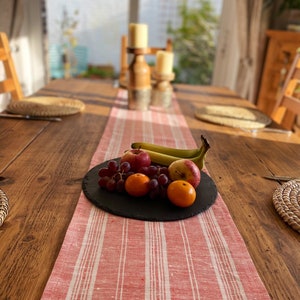 Soft Red Multi-Stripe 100% Linen Table Runner