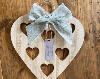 Wooden Heart Scarf Hanger with Linen Bow (duck egg and natural bow)
