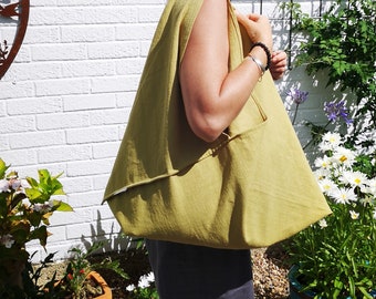 Lime Gold Linen Hobo Slouch Bag