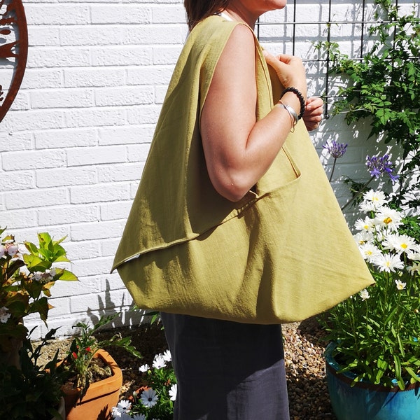 Lime Gold Linen Hobo Slouch Bag