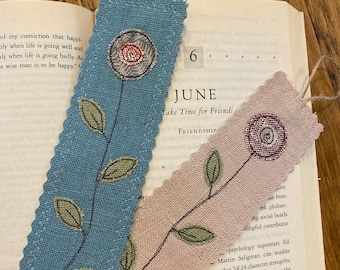 2  appliqué linen bookmarks (forest blue & sandy rose)