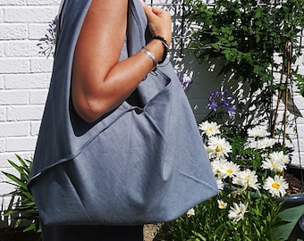 Hazy Blue Linen Hobo Slouch Bag