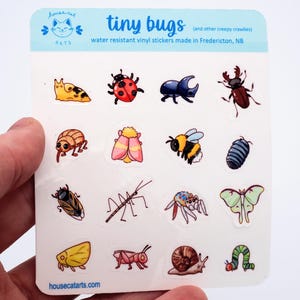 May include: A white sticker sheet titled tiny bugs and other creepy crawlies featuring sixteen individual colourful illustrations of various insects and small creatures including a ladybird, beetle, bee, moth, snail, and caterpillar with a glossy finish.