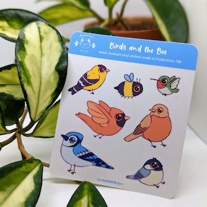 Op de afbeelding: Een vel waterbestendige vinylstickers met cartoonvogels en een bij. De stickers bevatten een gele vogel, een bij, een kolibrie, een rode vogel, een bruine vogel, een blauwe gaai en een kleine blauwe vogel. De tekst "Birds and the Bee" is afgedrukt.