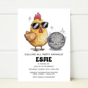 Invitación a fiesta de cumpleaños con diseño de pollo y discoteca, invitación a fiesta de cumpleaños en la granja, invitación digital para teléfono móvil, plantilla imprimible, fiesta de picnic en el jardín, estilo bohemio