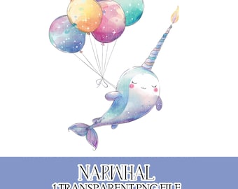 Aquarell Narwhal mit Luftballons PNG, Unter dem Meer Clipart (kommerzielle Nutzung)