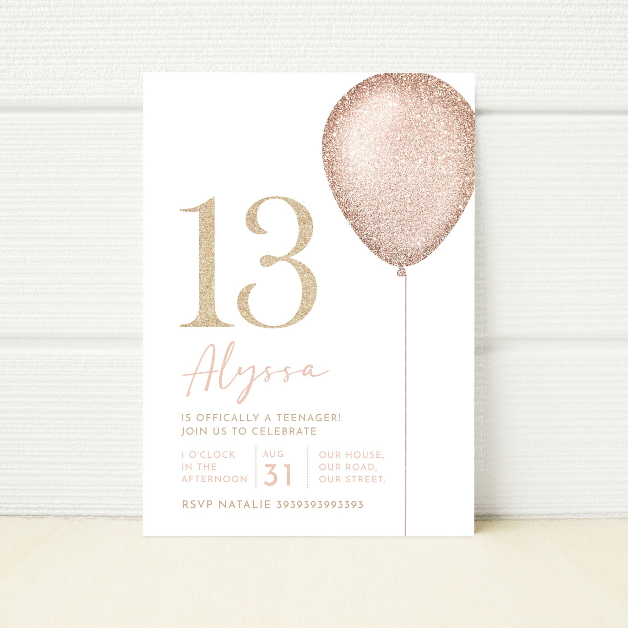 Editable 13th Birthday Party Invitation Officially a Teenager Minimalist Rose Gold Printable ...