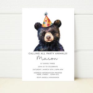 Modèle modifiable d'invitation de fête d'anniversaire ours noir Camping Woodland Invitation numérique Mobile inviter anniversaire garçon fille 1er 2e 3e 4e