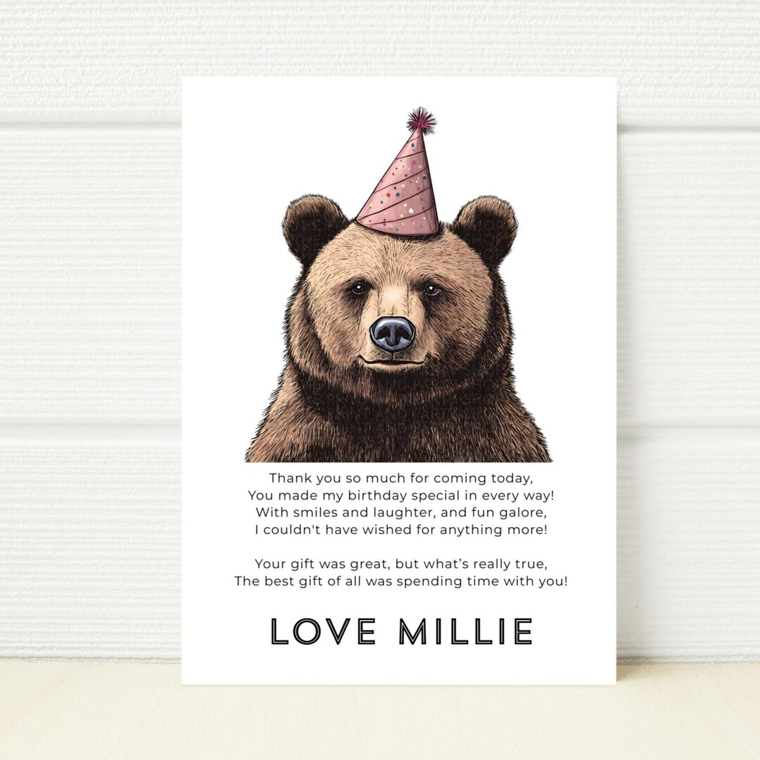 Grizzly Bear Birthday Party Thank You for Coming Note Card Printable ...