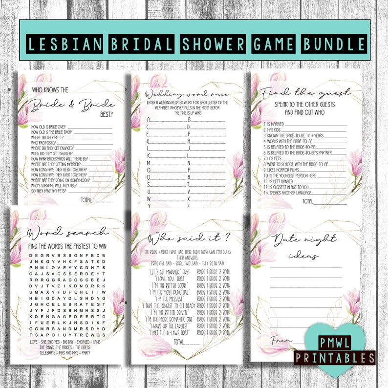 Hen Do Mrs and Mrs Lesbian Bachelorette Party Magnolia Gold Heart Digital Files Lesbian bridal Shower 6 Games Bundle The Brides