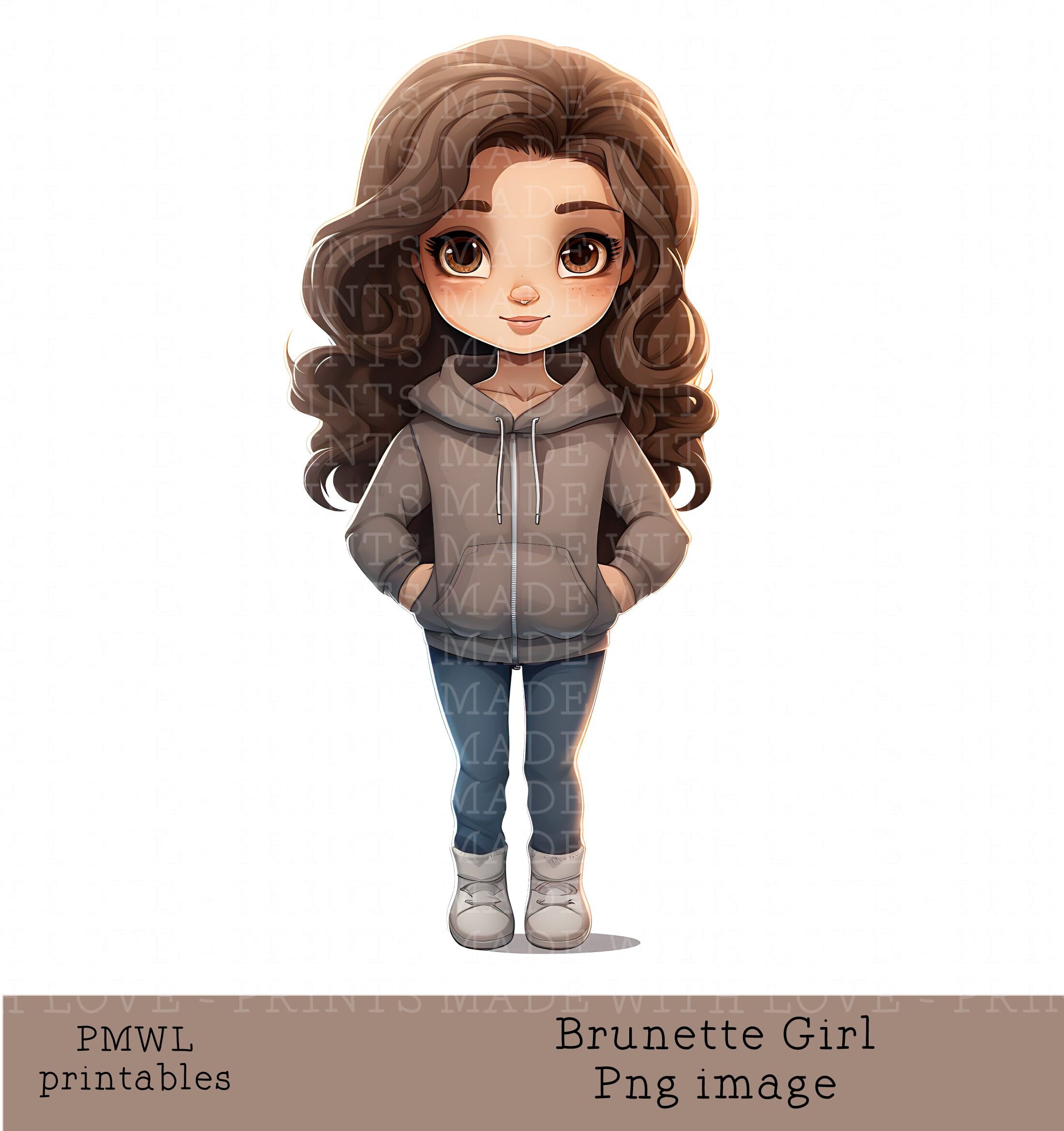 Clipart de chica morena casual, clipart de adolescente, sublimación, fabricación de tazas, fabricación de tarjetas, linda muñeca, imagen de uso comercial pequeña, imagen PNG transparente