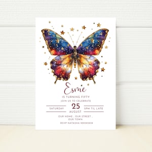 Farfalla compleanno invito rosso e blu scuro invito modificabile Glitter Party Girls digitale minimalista semplice stampabile 40esimo 50esimo