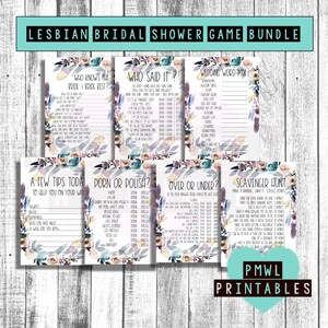 Lesbian Bridal Shower Games bundle , Bohmian Same Sex Bachelorette , Mrs and Mrs , Lesbian Hen Do , Instant Download , Feather , Boho , PDF