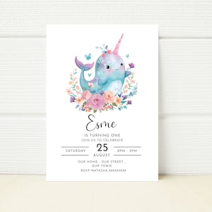 Editable Narwhal Birthday Party Invitation Under The Sea Party Invite Electronic Invitation Mobile Phone Digital Template Printable Party